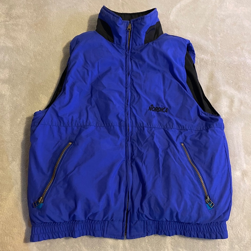 Vintage Nordica Blue‎ Black Nylon Puffer Vest Large Zip Front Ski Reversible 90s